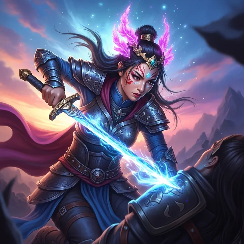 Ethereal Female Warrior in Vibrant Fantasy Battle
