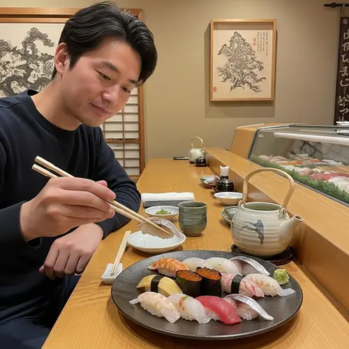 Japanese Man Enjoying Sushi at Traditional Restaurant in Japan