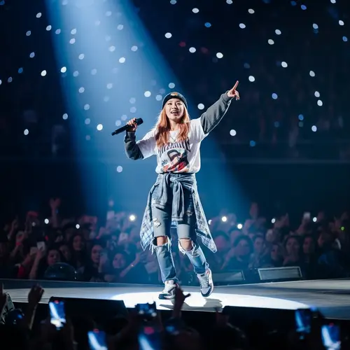 Energetic East Asian Woman Performing on Concert Stage