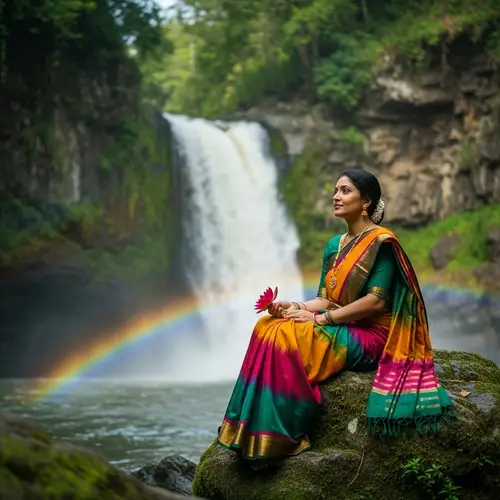 Beautiful Indian Woman by Tranquil Waterfall