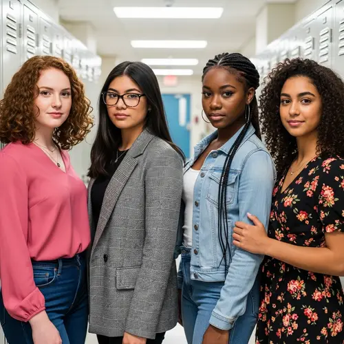 Diverse Mean Girls in School Hallway | Teen Girls Fashion Style