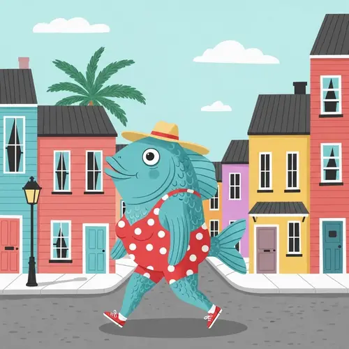 Colorful Naive Art Illustration of Fish in Swimsuit Strolling