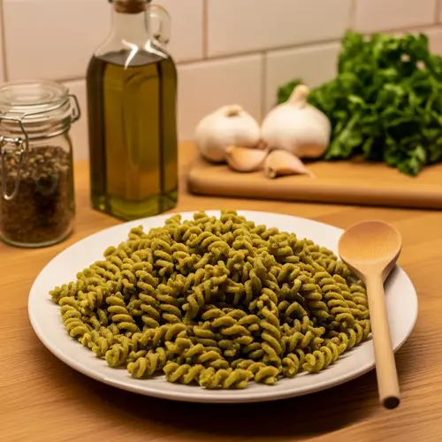 Vibrant Green Plant-Based Pasta on Wooden Countertop