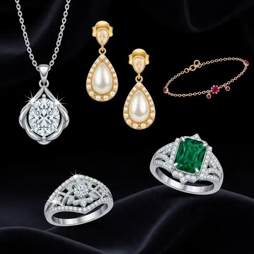 Exquisite Jewelry Collection: Diamond Necklace, Gold Earrings, Platinum Ring, Rose Gold Bracelet