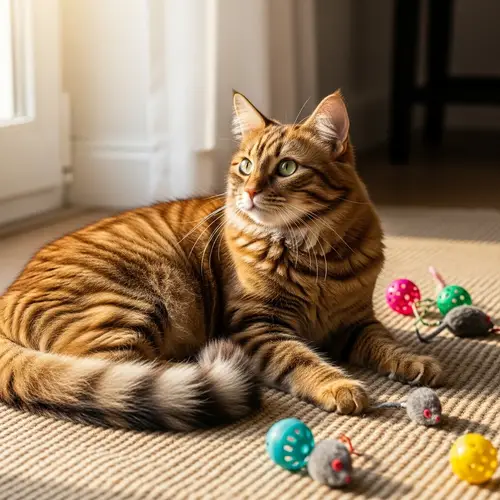 Fluffy Domestic Cat Lounging on Woven Rug | Tiny Tiger Appearance
