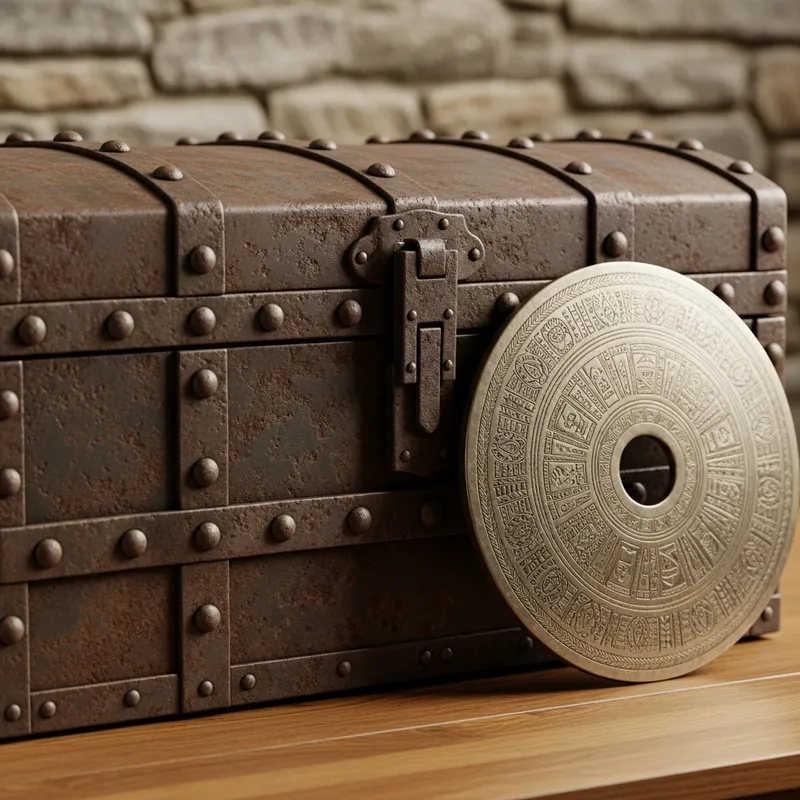 Antique Iron Chest & Patterned Disk - Rustic Decor