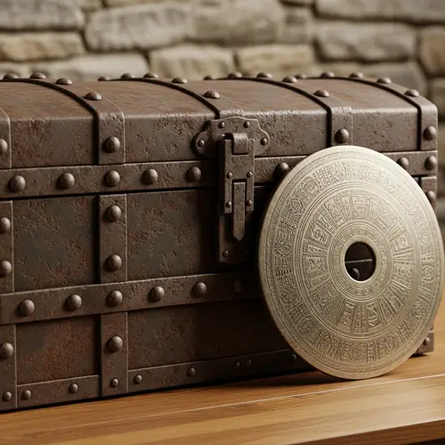 Antique Iron Chest & Patterned Disk - Rustic Decor