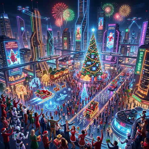 Futuristic Christmas Cityscape Celebrating with Humans and Robots