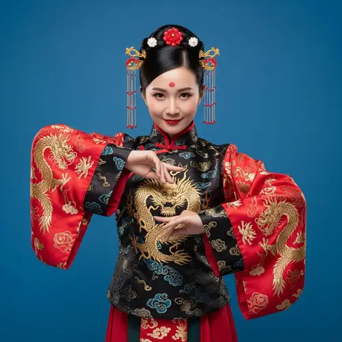Radiant East Asian Woman in Traditional Chinese Attire | Exquisite Golden Dragon Motif