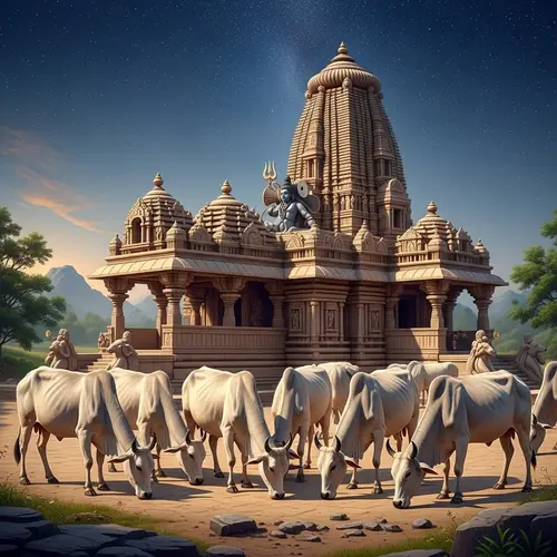 Ancient Temple of Shiva with Cows - Tranquil Landscape