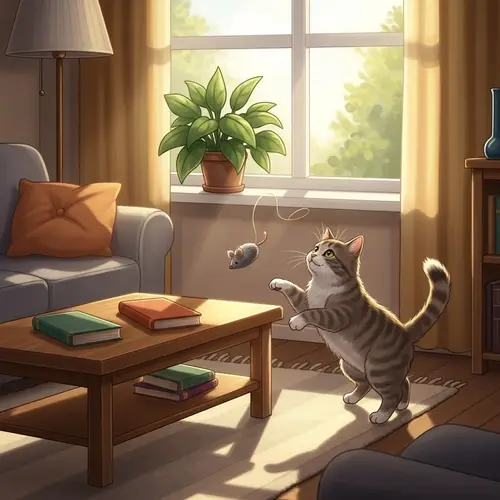 Playful Domestic Cat in Sunlit Living Room | Cat Toy Fun