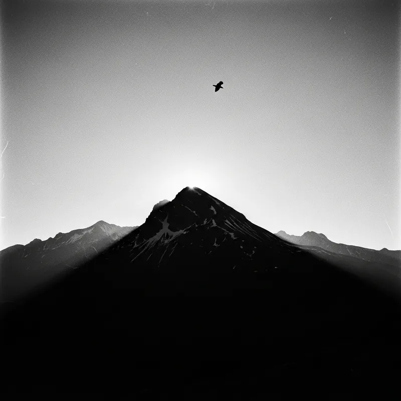 Majestic Mountain Silhouette with Flying Bird in Monochrome