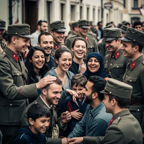 Vintage Austrian Soldiers Interacting with Diverse Civilians