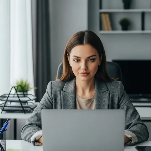 Confident Kazakh Woman with Green Eyes Working on Laptop
