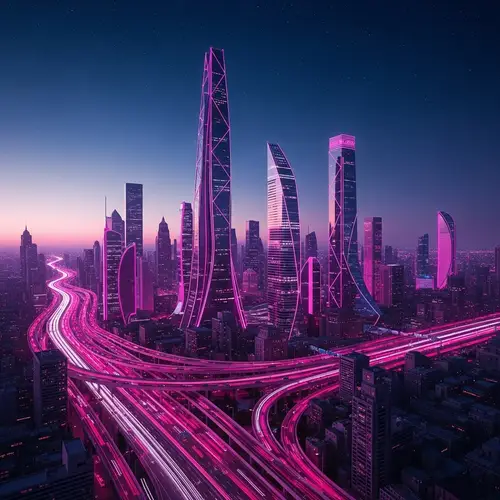 Future City Skyline - Neon Pink Architecture | Stunning Twilight Sky