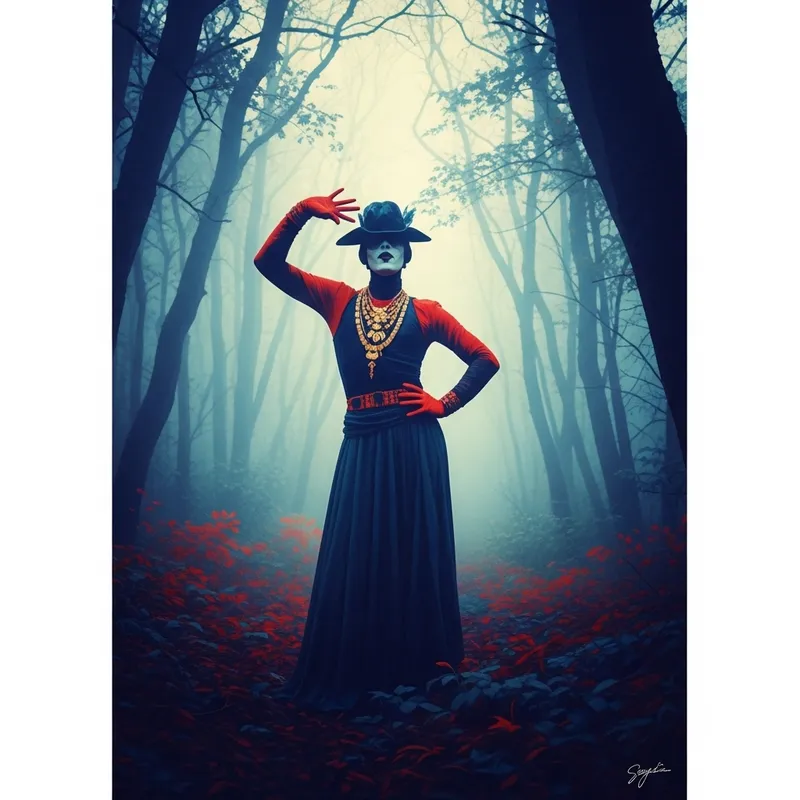 Misty Forest: Mysterious Figure in Vibrant Colors, Fantasy-Inspired Misty Forest: Mysterious Figure in Vibrant Colors, Fantasy-Inspired