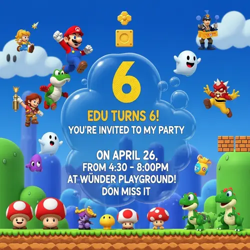 Vibrant 6th Birthday Party Invitation on Video Game landscape