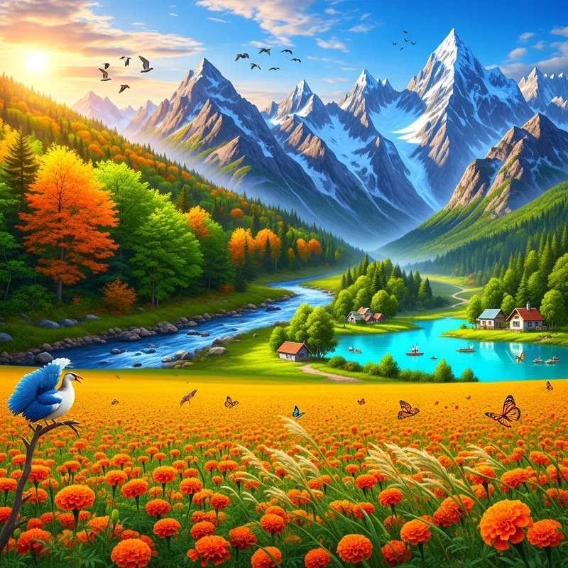Vibrant Landscape: Forest, Mountains, River, Lake & Flowers Vibrant Landscape: Forest, Mountains, River, Lake & Flowers