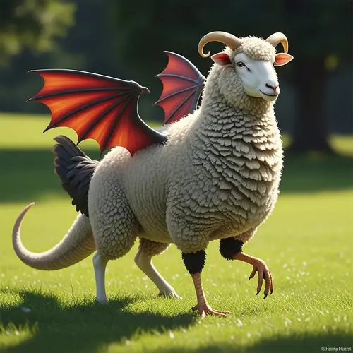 Mythical Creature: Dragon Body, Sheep Head, Chicken Legs in Lush Meadow
