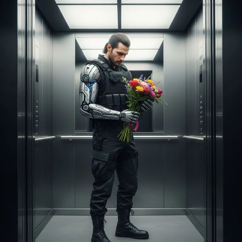 Winter Soldier with Flowers in Elevator Scene