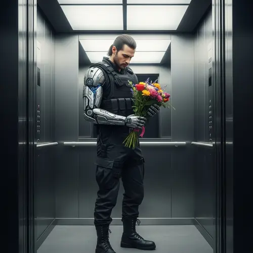 High-Tech Soldier with Colorful Flowers in Elevator