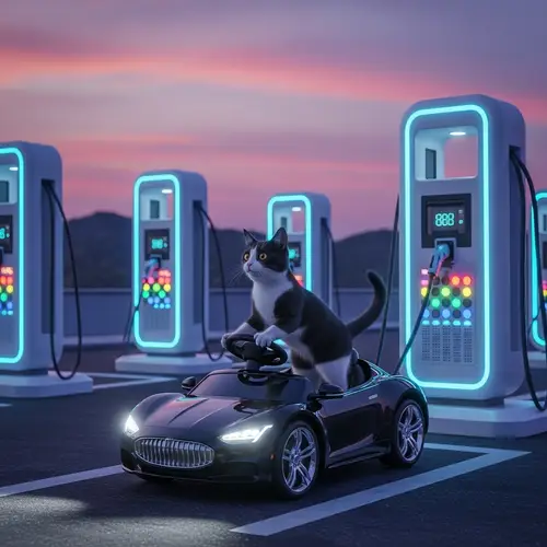 Adventurous Black and White Cat at Futuristic Charging Station