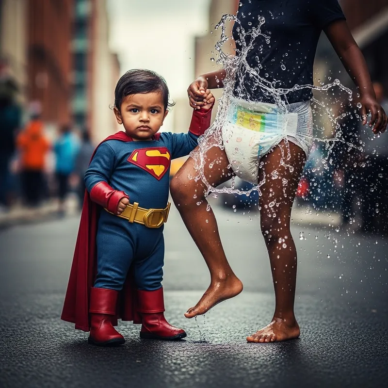 Powerful Toddler Superhero in Vibrant Costume - A Surreal Composition