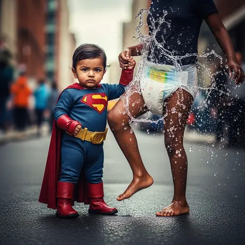 Powerful Toddler Superhero in Vibrant Costume Stands Triumphantly