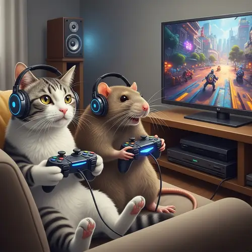 Cat and Rat Playing Video Games Together in Well-Lit Room