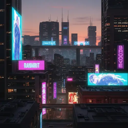 Futuristic Cyberpunk Cityscape at Sunset | Neon Lights & Holographic Billboards