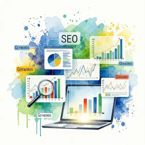 Watercolor Painting of SEO Analytical Charts and Keywords