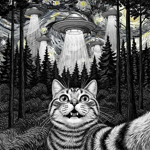 Mesmerized Cat and UFOs in Post-Impressionist Illustration