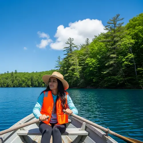 Hispanic Female Riding a Boat on Peaceful Lake
