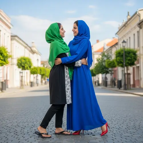 Iranian and Arab Girls in Hijabs Embracing on Cobblestone Street