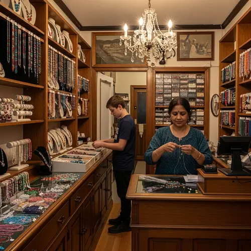 Charming Bead Jewelry Store - Handcrafted Pieces on Wooden Shelves