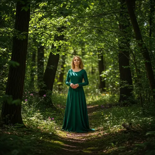 Enchanting Scene of a Beautiful Lady in Emerald Green Dress in Serene Forest