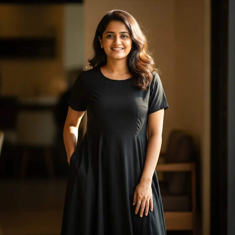 South Asian Woman in Casual Black Dress | Relaxed & Elegant