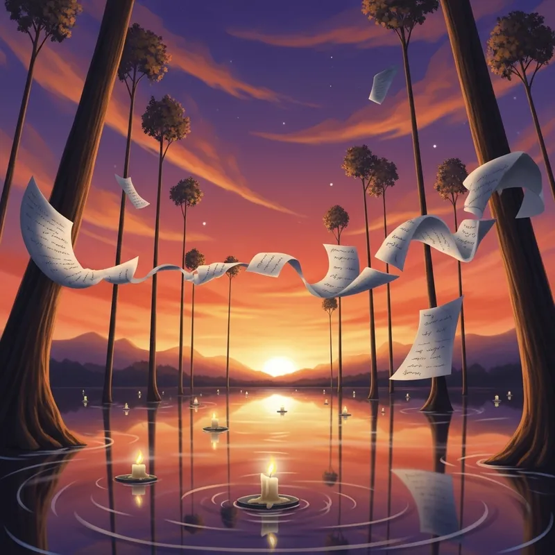 Dreamlike Sunset Scene with Floating Candles on Tranquil Lake