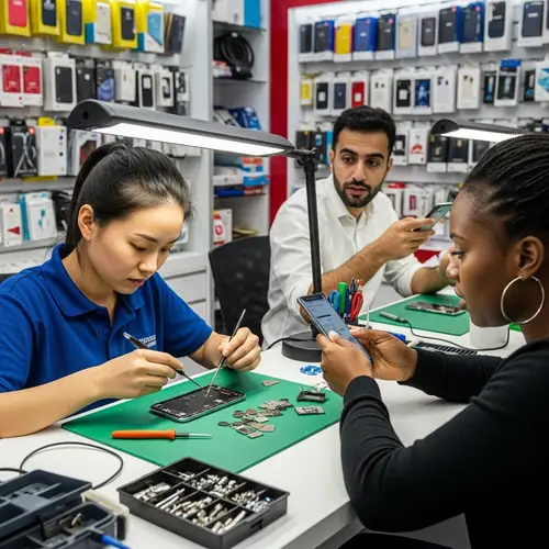 Phone Repair Shop Scene: Precision Work and Customer Diagnostics