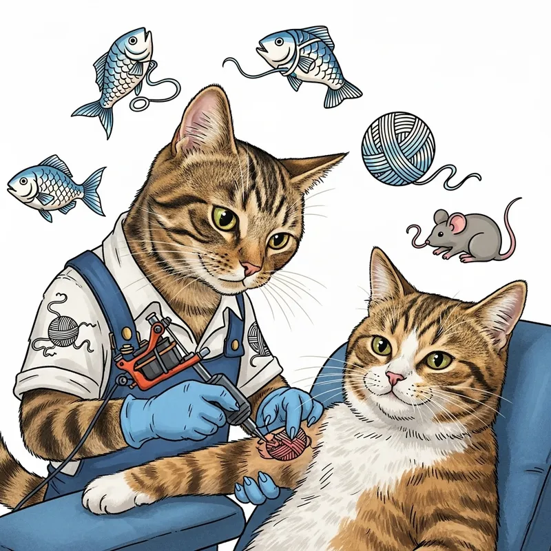 Whimsical Cat Tattoo Artist Creates Playful Scene