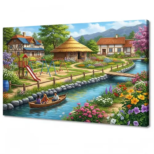 Enchanting Village Scene with Lively River and Vibrant Playground