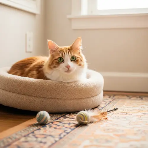 Fluffy Cat Resting with Perked Ears and Bright Eyes