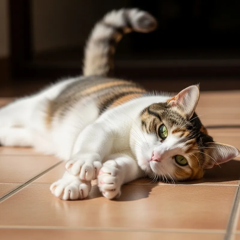 Calico Cat Relaxing on Tiled Floor | Cozy Feline Scene