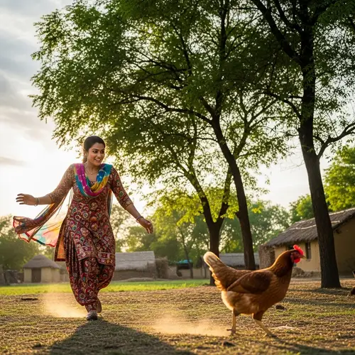 South Asian Woman Chasing Hen in Traditional Attire | Rustic Countryside Scene