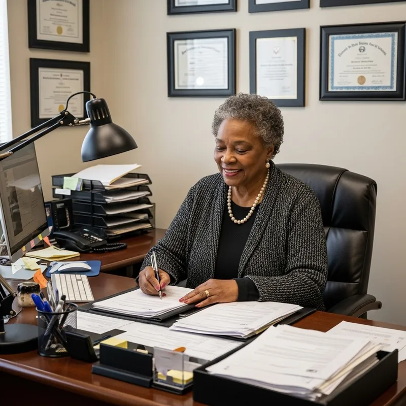 Smiling Black Woman at Office Desk | Wisdom & Warmth Smiling Black Woman at Office Desk | Wisdom & Warmth