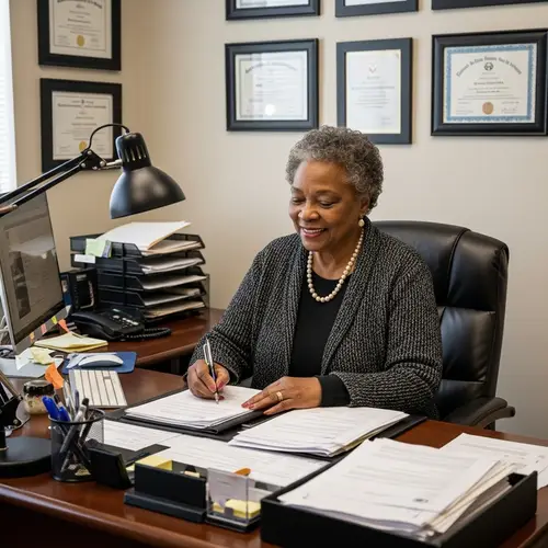 Elderly Black Woman Smiling at Office Desk | Wisdom & Warmth