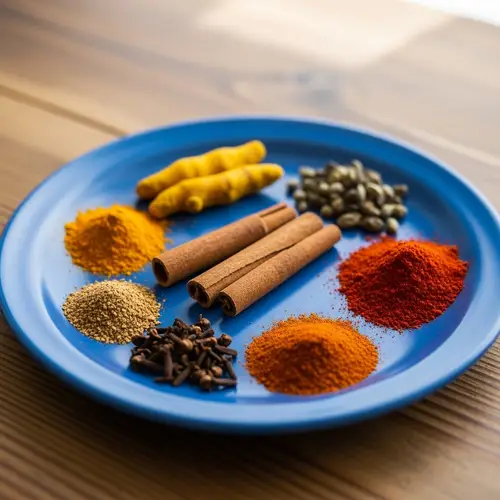 Colorful Spices on a Blue Plate: Aromatic Display