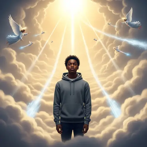 Peaceful Black Male in Heavenly Atmosphere with Gray Hoodie
