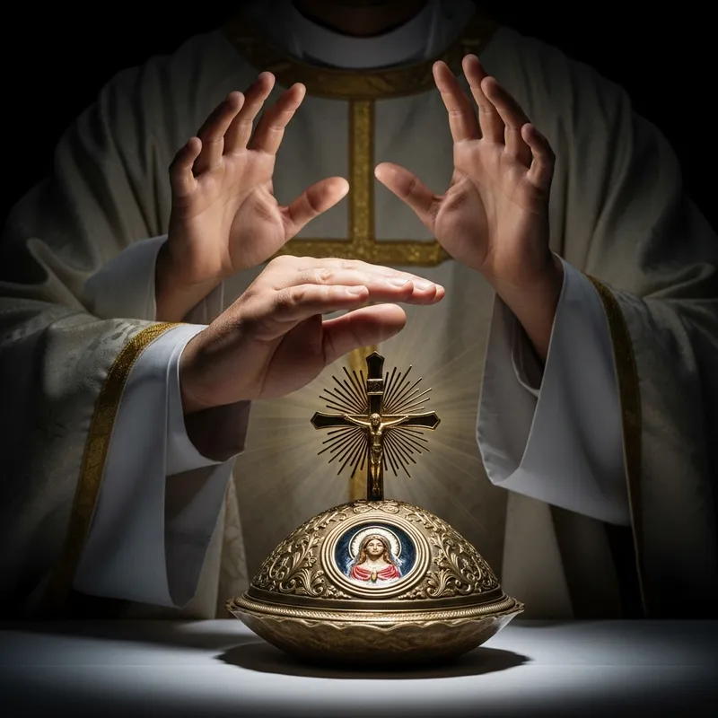 Priest Consecrating Sacred Form with Jesus' Hands