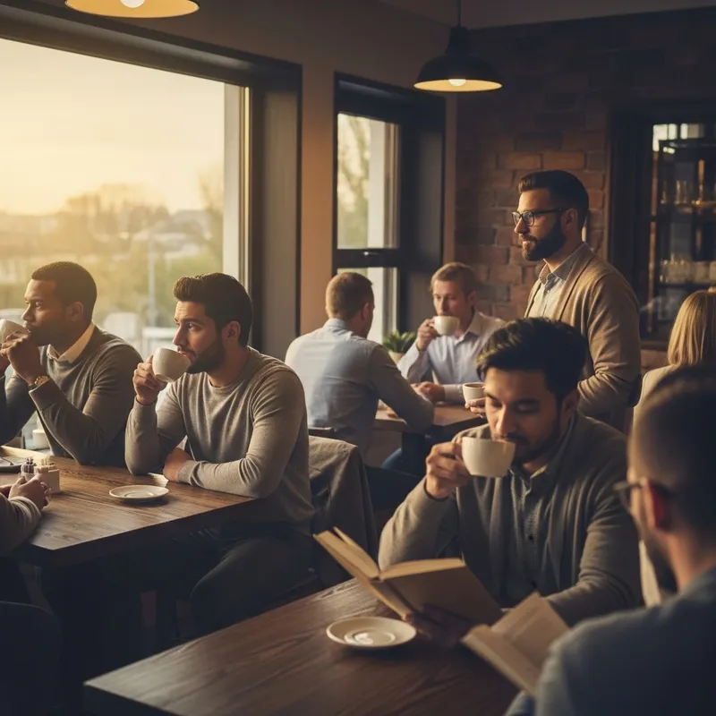 Twilight Cafe: Diverse Office Workers Enjoying Coffee